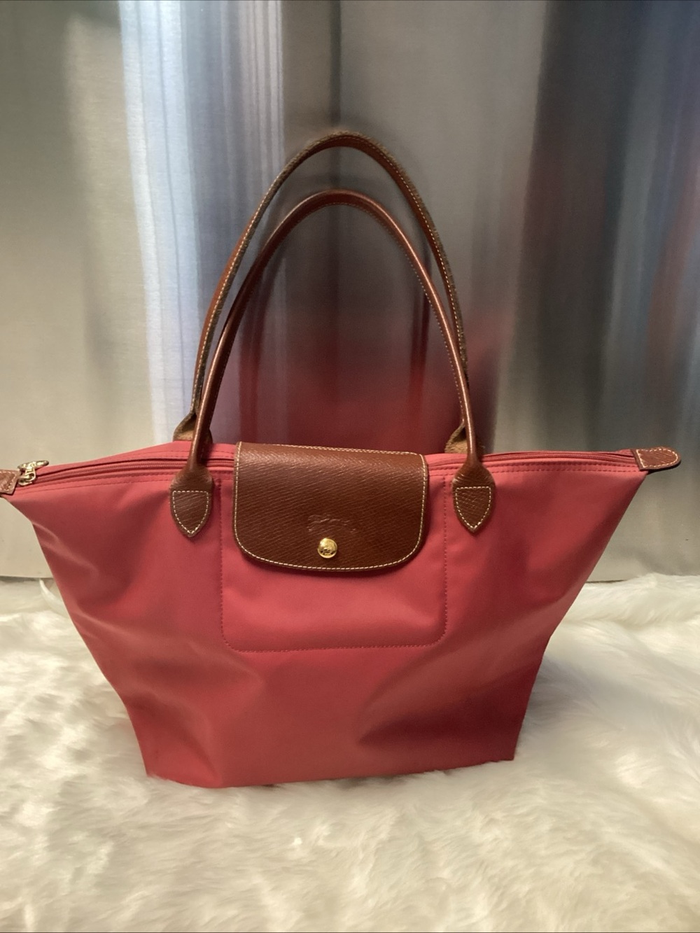 Longchamp Red Tote with Brown Leather Trim